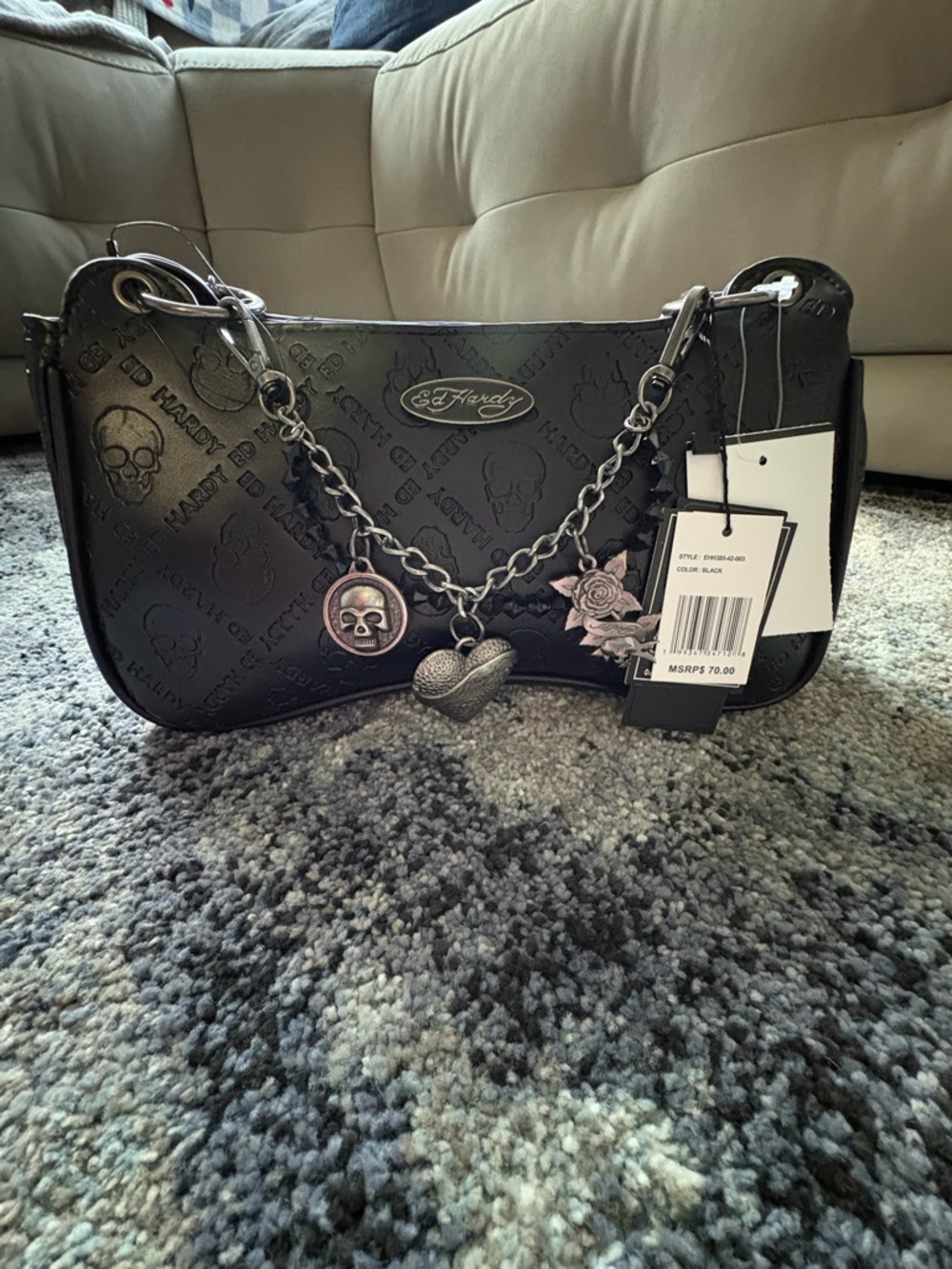 Ed Hardy Black Embossed Skull Charm Shoulder Bag
